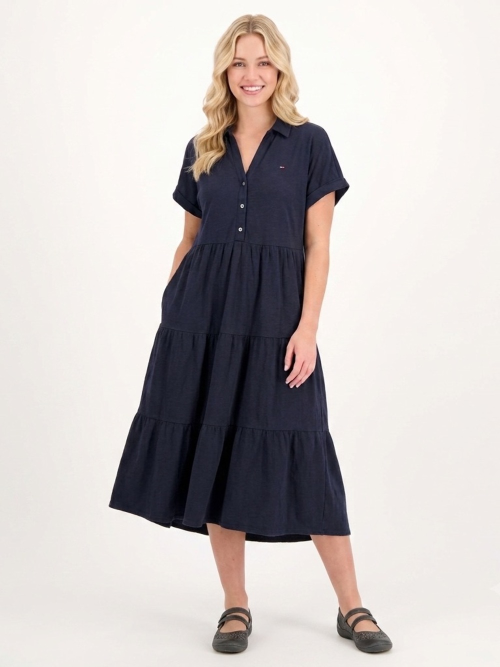 Tommy Hilfiger Navy Blue Cotton Tiered Midi Dress Short Sleeve Button casual XL
